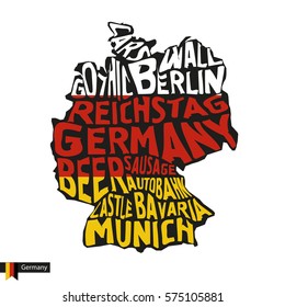 Typography map silhouette of Germany in black and flag colors. Vector Illustration.