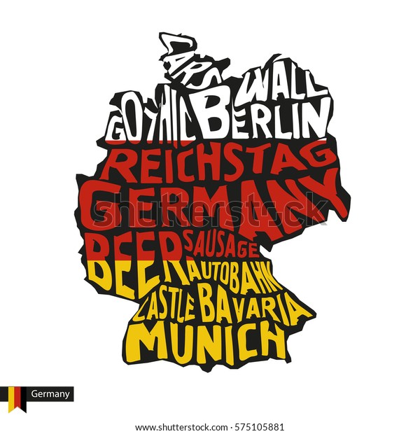 Typography map silhouette of Germany in\
black and flag colors. Vector\
Illustration.