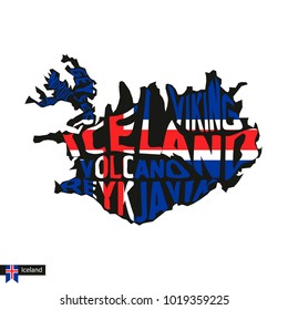 Typography map silhouette of Iceland in black and flag colors. Vector Illustration.