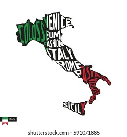 Typography map silhouette of Italy in black and flag colors. Vector Illustration.