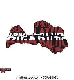 Typography map silhouette of Latvia in black and flag colors. Vector Illustration.