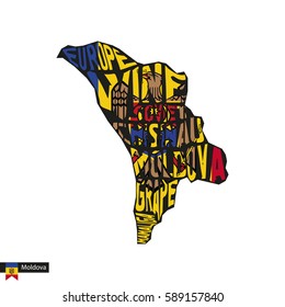 Typography map silhouette of Moldova in black and flag colors. Vector Illustration.