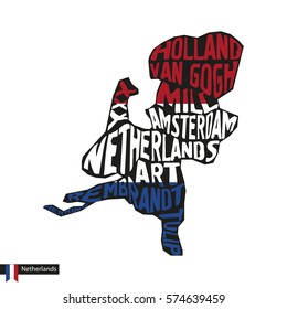 Typography map silhouette of Netherlands in black and flag colors. Vector Illustration.