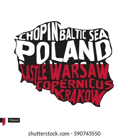 Typography map silhouette of Poland in black and flag colors. Vector Illustration.