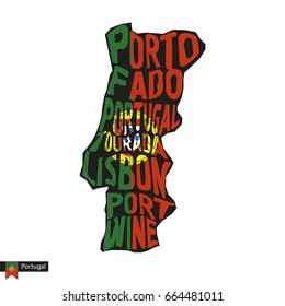 Typography map silhouette of Portugal in black and flag colors. Vector Illustration.