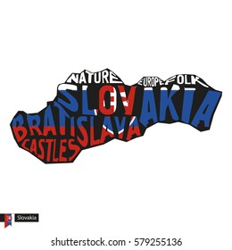 Typography map silhouette of Slovakia in black and flag colors. Vector Illustration.