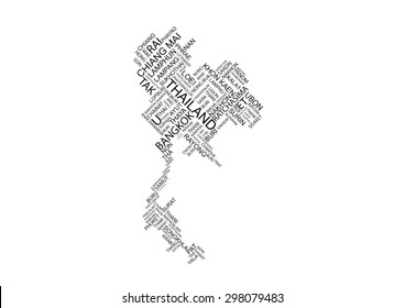 Typography map of Thailand with its provinces in English positioned based on approximate geographical locations in diagonal direction
