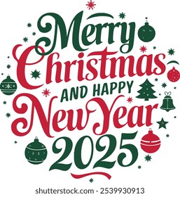 Typografie Fröhliche Weihnachten Und Frohes Neues Jahr 2025 einfache Vorlage Hintergrund Vektorgrafik.
