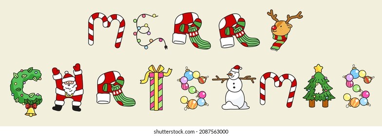 Typography of "Merry Christmas" words. Typo design with Christmas elements Santa Claus, Reindeer, present box, ornament balls, socks, snowman, fairy lights, Christmas tree and candy can. Flat vector.
