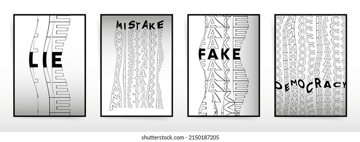 Typography minimal design for A4 posters, background, placards, home decor. Abstract brutalism distortion and aesthetic frames. Lie, mistake, fake, democracy bold text with glitch decay. Vector art.