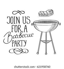 Typography monochrome design concept with calligraphic stylish inscription and barbecue on white background isolated vector illustration