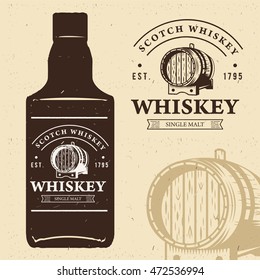 typography monochrome vintage label with bottle silhouette. Scotch whiskey logo. Oak whiskey barrel illustration. Retro style design