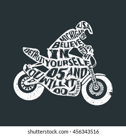 Typography monochrome vintage poster with motorcyclist silhouette, and hand drawn style font. Vector Illustration lettering.
