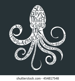 Typography monochrome vintage poster with octopus silhouette, and hand drawn style fonts. Vector Illustration lettering.