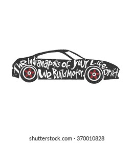 Typography monochrome vintage poster with sports car silhouette, and hand drawn style fonts. Vector Illustration lettering.