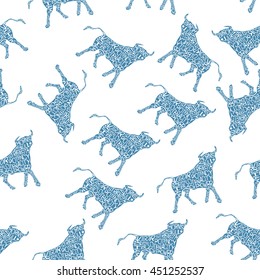 Typography monochrome vintage seamless pattern with bull silhouette, and hand drawn style font. Vector Illustration lettering background.