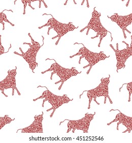 Typography monochrome vintage seamless pattern with bull silhouette, and hand drawn style font. Vector Illustration lettering background.