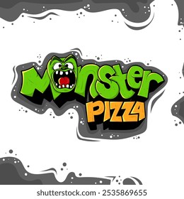 Typography of monster pizza in green design with screaming face on O letter. Typography template for pizza restaurant or street food design