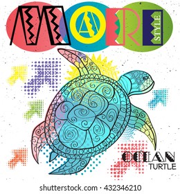 Typography MULTICOLOR  vector graphic print for t-shirt with ocean turtle. maori style illustration.  