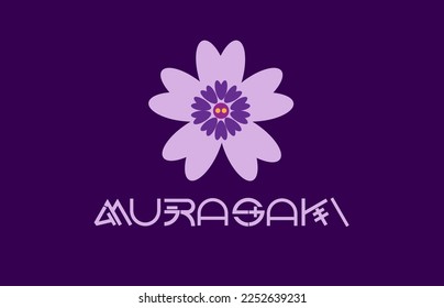 Typography of Murasaki word, means purple in Japanese language with moss phlox flower icon.  The word in roman letters incorporated with actual Japanese katakana characters with same meaning.