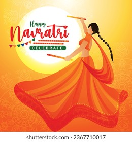 Typography in Navratri Dandiya Dance: Joyful Girl Celebrating Durga Puja and Dussehra | Festive Illustration