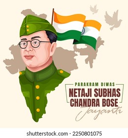 Typography of Netaji Subhas Chandra Bose Jayanti. Freedom Fighter and National Hero of India Netaji Subhash Chandra Bose. Parakram Divas, India army day celebration, Editable Poster Illustration.