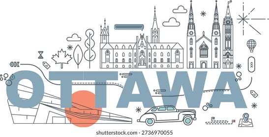 Typography Ottawa branding technology concept. Collection of flat vector web icons. Canadian culture Memphis travel set architectures, specialties detailed silhouette. Doodle American famous landmark