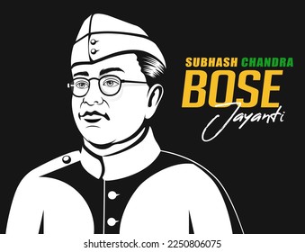 Typography of  Parakram Divas, Netaji Subhas Chandra Bose Jayanti. Freedom Fighter and National Hero of India Netaji Subhash Chandra Bose. India army day celebration, silhouette Poster Illustration.
