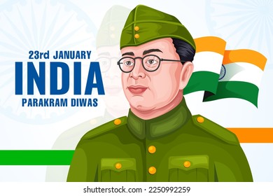 Typography of Parakram Divas, Netaji Subhas Chandra Bose Jayanti. Freedom Fighter and National Hero of India Netaji Subhash Chandra Bose. India army day celebration, blue editable Poster Illustration.