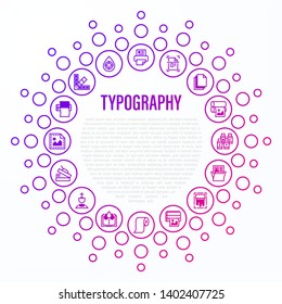Typography, polygraphy concept in circle shape. Thin line icons: printing, scanning, flexography, offset, roll paper, color palette, lamination, heat transfer printing, embossing. Vector illustration.
