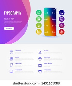 Typography, polygraphy infographics with thin line icons around smartphone and place for text. Printing, scanning, flexography, offset, roll paper, color palette, lamination. Vector illustration.