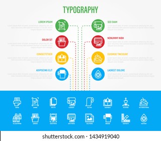 Typography, polygraphy infographics with thin line icons in circle withcopy space. Data visualization. Printing, scanning, flexography, offset, roll paper, color palette. Vector illustration.