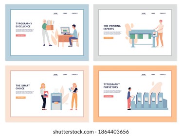 Typography and polygraphy services website banners set with people printing various printing materials on modern equipment, flat cartoon vector illustration.