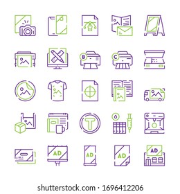 Typography or polygraphy symbols color linear vector icon set. Outline symbol collection includes printing, color palette, scanning, souvenir, promotional products, advertising, graphic design concept