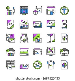 Conjunto de iconos de vectores lineales de color tipografía o símbolos de poligrafía. La colección de símbolos de esquema incluye impresión, paleta de colores, escaneo, souvenir, productos promocionales, publicidad, concepto de diseño gráfico