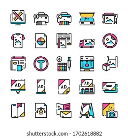 Typography or polygraphy symbols color linear vector icon set. Outline symbol collection includes printing, color palette, scanning, souvenir, promotional products, advertising, graphic design concept