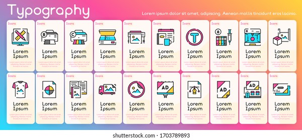 Typography or polygraphy symbols color linear vector icon set. Outline symbol collection includes printing, color palette, scanning, souvenir, promotional products, advertising, graphic design concept