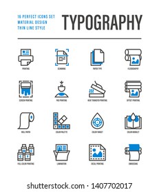 Typography, polygraphy thin line icons set. Printing, scanning, flexography, offset, roll paper, color palette, lamination, heat transfer printing, embossing. Vector illustration. svg