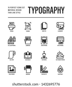 Typography, polygraphy thin line icons set. Printing, scanning, flexography, offset, roll paper, color palette, lamination, heat transfer printing, embossing. Vector illustration.