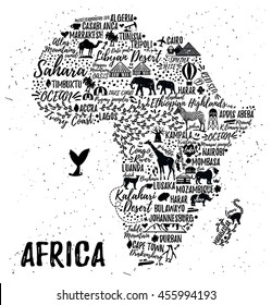 Typography poster. Africa map. Africa travel guide.