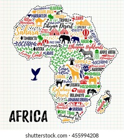 Typography poster. Africa map. Africa travel guide.