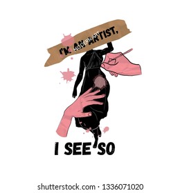 Typography poster with antique sculpture in modern contemporary style with colorful pink, black and white elements. Design for poster, postcard, print, cover and book. Hand drawn doodle vector. 