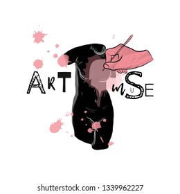 Typography poster with antique sculpture in modern contemporary style with colorful pink, black and white elements. Design for poster, postcard, print, cover and book. Hand drawn doodle vector. 