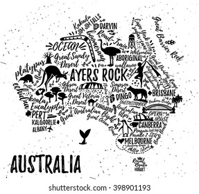 Typography poster. Australia map. Australia travel guide.