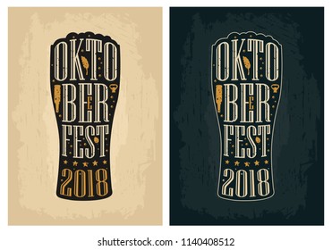 Typography poster. Beer glass on brown old paper background. lettering text in silhouette mug. Vintage vector engraving illustration. Advertising design for oktoberfest 2018