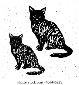 Typography poster with black cat, bat silhouette and quote "bad luck". Happy Halloween. Hand drawn lettering. For print on t-shirt and bags.