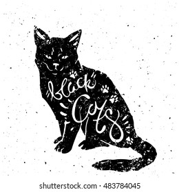 Typography poster with black cat and quote. Happy Halloween. Hand drawn lettering. For print on t-shirt and bags.