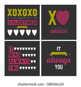 Typography poster design set. Vector. Isolated on black background. Inspirational romantic and love quote card for Happy Valentines Day.