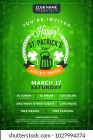 Typography poster or flyer template for St. Patricks day party. Vintage beer label on the green background with light effects