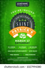 Typography poster or flyer template for St. Patricks day party. Vintage beer label on the green background with light effects